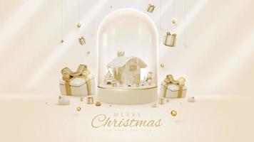 Luxury style background with 3d realistic christmas ornaments in glass bottle on podium with snow elements and glitter light effect decorations and bokeh. Vector illustration.