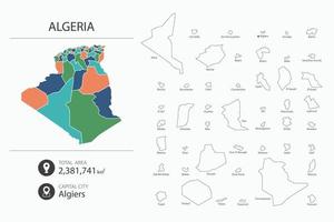 mapa de Argelia con mapa detallado del país. elementos del mapa de ciudades, áreas totales y capital. vector