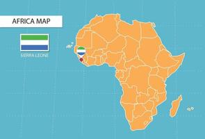 mapa de sierra leona en áfrica, iconos que muestran la ubicación y las banderas de sierra leona. vector