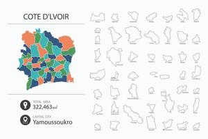 Map of Cote d-Ivoir with detailed country map. Map elements of cities, total areas and capital. vector