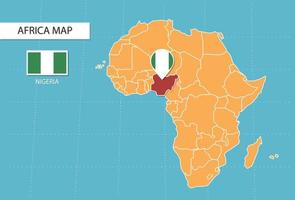 mapa de nigeria en áfrica, íconos que muestran la ubicación y banderas de nigeria. vector