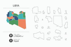 mapa de libia con mapa detallado del país. elementos del mapa de ciudades, áreas totales y capital. vector