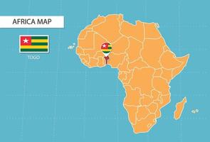 mapa de togo en áfrica, íconos que muestran la ubicación de togo y banderas. vector