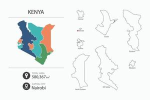 mapa de Kenia con un mapa detallado del país. elementos del mapa de ciudades, áreas totales y capital. vector