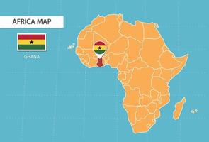 mapa de ghana en áfrica, íconos que muestran la ubicación y las banderas de ghana. vector