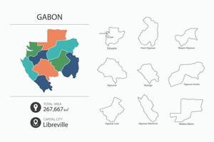 Map of Gabon with detailed country map. Map elements of cities, total areas and capital. vector