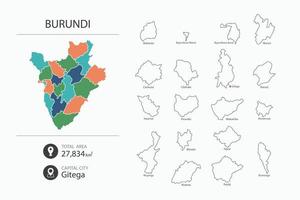 mapa de burundi con mapa detallado del país. elementos del mapa de ciudades, áreas totales y capital. vector