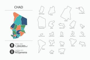 mapa de chad con mapa detallado del país. elementos del mapa de ciudades, áreas totales y capital. vector