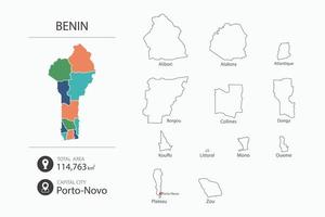 mapa de benin con mapa detallado del país. elementos del mapa de ciudades, áreas totales y capital. vector