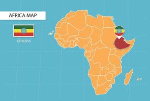 Ethiopia map in Africa, icons showing Ethiopia location and flags. vector