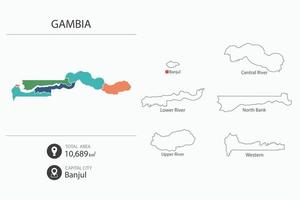 Map of Gambia with detailed country map. Map elements of cities, total areas and capital. vector