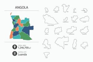 Map of Angola with detailed country map. Map elements of cities, total areas and capital. vector