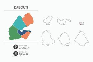 Map of Djibouti with detailed country map. Map elements of cities, total areas and capital. vector