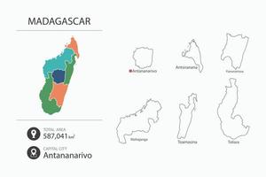 mapa de madagascar con mapa detallado del país. elementos del mapa de ciudades, áreas totales y capital. vector