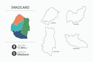 Map of Swaziland with detailed country map. Map elements of cities, total areas and capital. vector