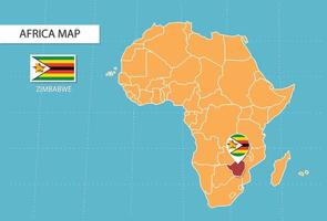 mapa de zimbabwe en áfrica, iconos que muestran la ubicación y las banderas de zimbabwe. vector