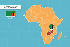 Zambia map in Africa, icons showing Zambia location and flags. vector