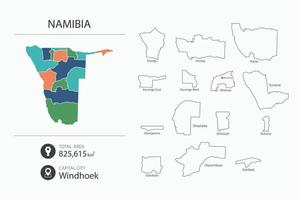 mapa de namibia con mapa detallado del país. elementos del mapa de ciudades, áreas totales y capital. vector