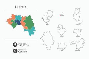 mapa de guinea con mapa detallado del país. elementos del mapa de ciudades, áreas totales y capital. vector