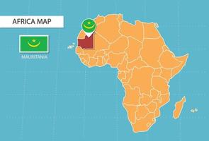 mapa de mauritania en áfrica, íconos que muestran la ubicación y banderas de mauritania. vector