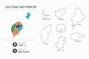 Map of Sao Tome and Principe with detailed country map. Map elements of cities, total areas and capital. vector