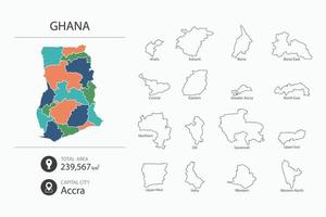 mapa de ghana con un mapa detallado del país. elementos del mapa de ciudades, áreas totales y capital. vector