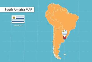 mapa de uruguay en américa, íconos que muestran la ubicación y las banderas de uruguay. vector