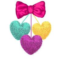 Vector colorful illustration of decorative elements with pompoms in the shape of a heart hanging on the ropes with bow isolated on white background. Decor for Valentines day design