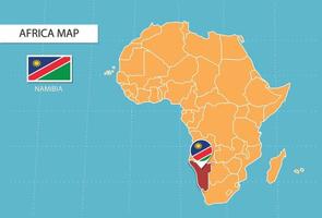 mapa de namibia en áfrica, iconos que muestran la ubicación y las banderas de namibia. vector