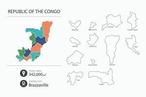 mapa de la república del congo con un mapa detallado del país. elementos del mapa de ciudades, áreas totales y capital. vector