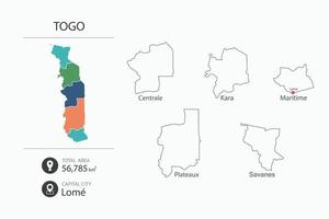 mapa de togo con mapa detallado del país. elementos del mapa de ciudades, áreas totales y capital. vector