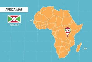 mapa de burundi en áfrica, iconos que muestran la ubicación y las banderas de burundi. vector