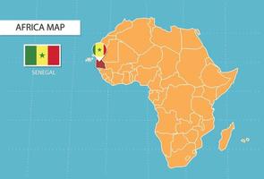 mapa de senegal en áfrica, iconos que muestran la ubicación y las banderas de senegal. vector