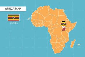 mapa de uganda en áfrica, iconos que muestran la ubicación y las banderas de uganda. vector