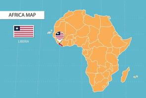 mapa de liberia en áfrica, iconos que muestran la ubicación y las banderas de liberia. vector