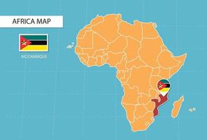 Mozambique map in Africa, icons showing Mozambique location and flags. vector