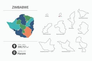 Mapa de Zimbabue con mapa detallado del país. elementos del mapa de ciudades, áreas totales y capital. vector