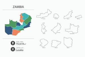 Map of Zambia with detailed country map. Map elements of cities, total areas and capital. vector