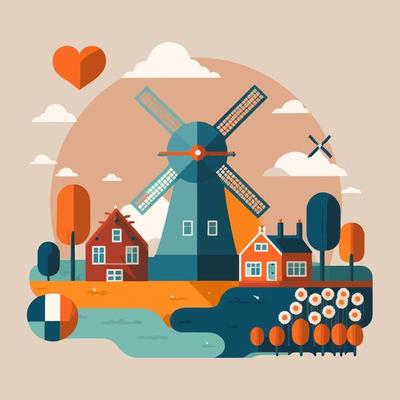 Amsterdam Netherlands Travel destination landmark vector flat illustration