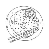 Fried rice with shrimp in hand drawn doodle style. Prepared in wok. Top view. vector