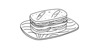 Chivito in hand drawn doodle style. Uruguayan traditional dish with lettuce, tomato, bacon, beef, fried or boiled eggs and cheese. vector