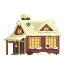 Pixel Christmas house with snow and a gift on the roof. One-story house with large windows, covered with snow png