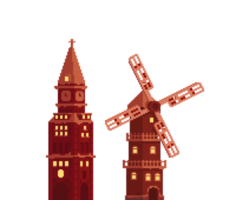 Pixelated tower and mill in Viva Magenta shades png