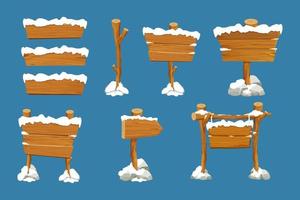 Set old wooden blank, signboard with snow in cartoon style.Empty frames, direction plank isolated on blue background. Season decoration. Vector illustration