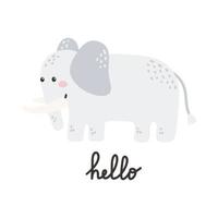 lindo elefante con letras hola. ilustración dibujada a mano vectorial, impresión infantil para postales, carteles, camisetas vector