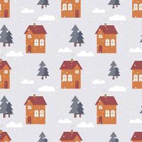Cute winter seamless pattern of house with Christmas trees and snow in flat style. Ideal for paper products or clothing prints vector