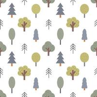 Trees in Scandinavian style forest, vector seamless flat pattern on white background