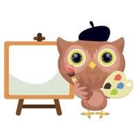 Cute painter owl holding color palette and brush for concept art. creative animal vector illustration