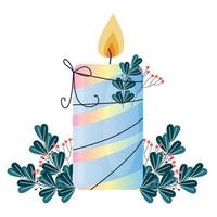 Merry christmas lit striped candle with leaves and ribbon decoration vector illustration