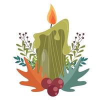 A semi-melted burning candle with decorated leaves and ribbons green candle vector color illustration